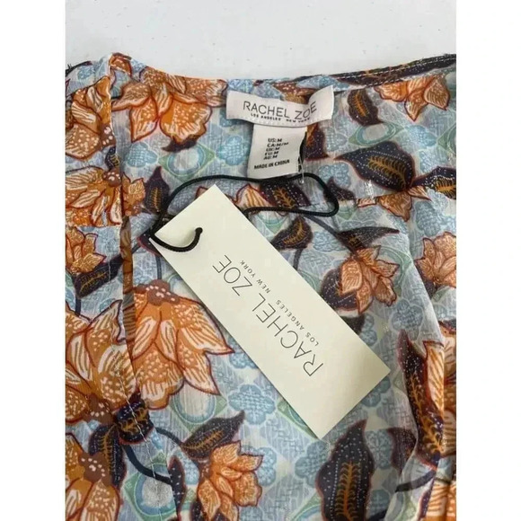 NWT Rachel Zoe Blue Floral Wrap Top Size M Lotus Gold Thread 0159 - Picture 9 of 10